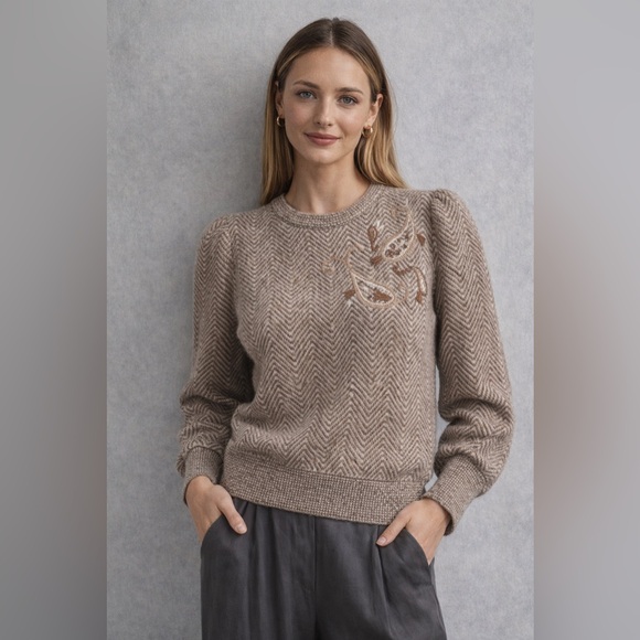 Sweaters - Vintage Alpaca Blend Embroidered Puff Shoulder Sweater Chevron Neutral M